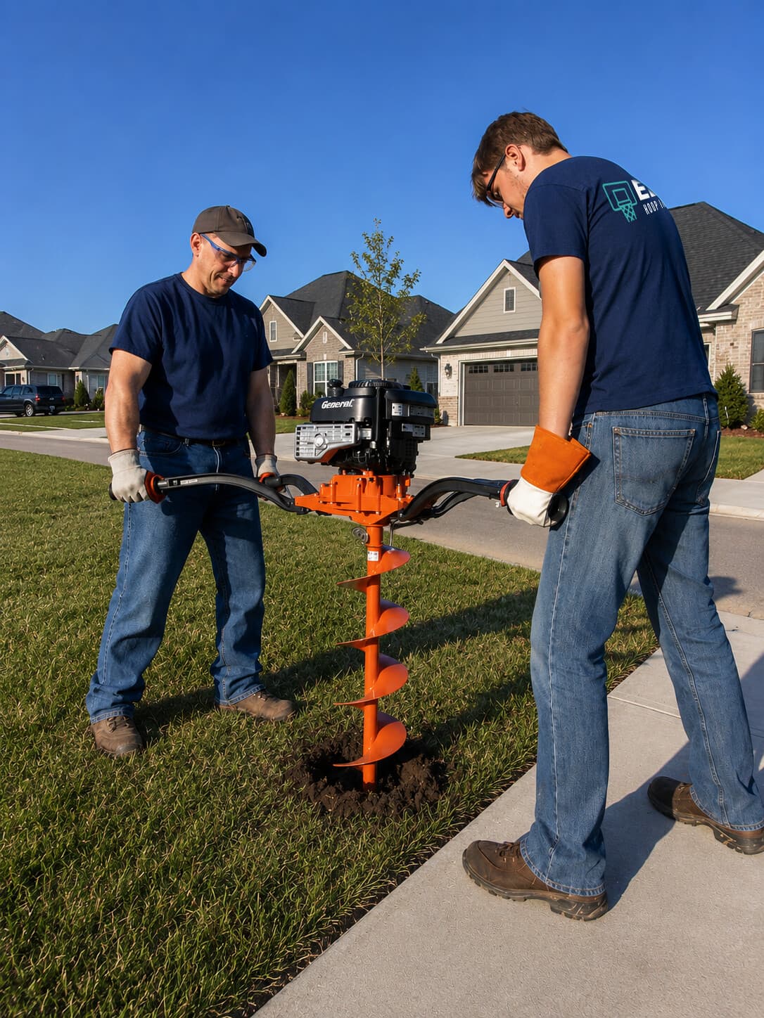 Two-person crew operating a gas-powered auger to drill the pole hole for a basketball system
