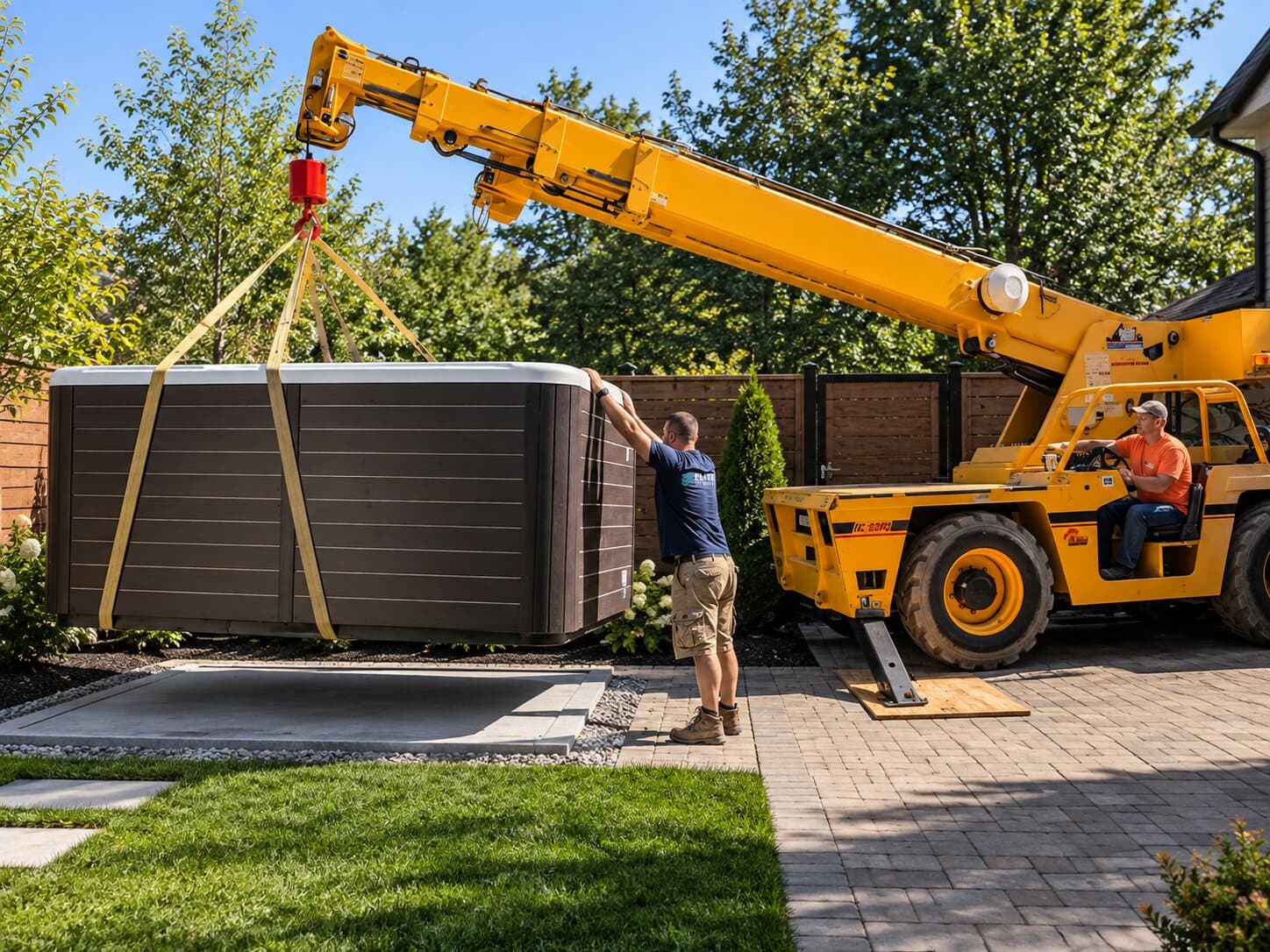 Crane operator lowering a hot tub onto a backyard patio as an Elite Home Sources technician guides it into place